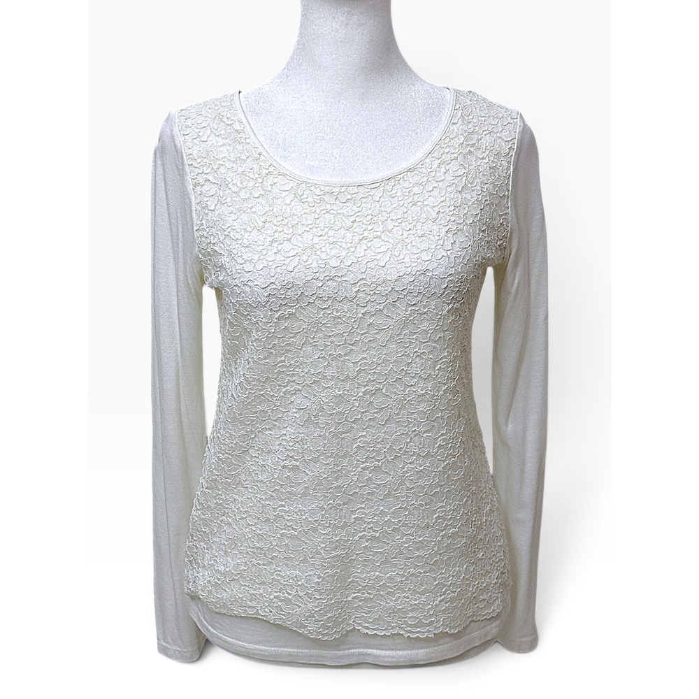 Ann Taylor Lace Front Top Women SP Cream Long Sleeve Scoop Neck Petite Blouse